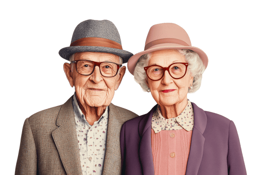 Charming elderly couple in hats, isolated portrait, studio, cut out transparent png