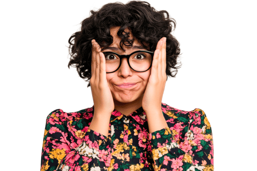 Surprised Woman with Curly Hair and Floral Shirt, cut out transparent png