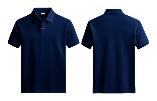 Fashionable unisex dark blue polo t-shirt, front and back views, cut out transparent png