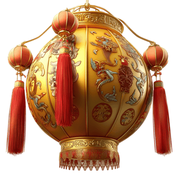 Traditional Chinese red lantern golden tassels floral patterns png