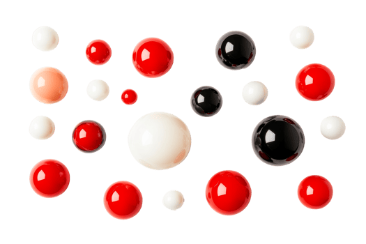 Glossy spheres float on black background, cut out transparent png