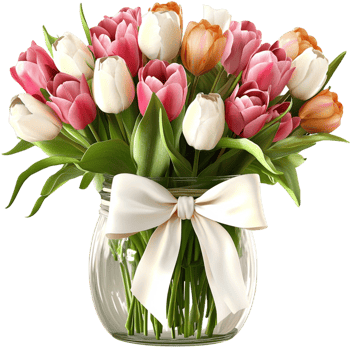 Stunning bouquet of pink tulips arranged beautifully in a glass vase png