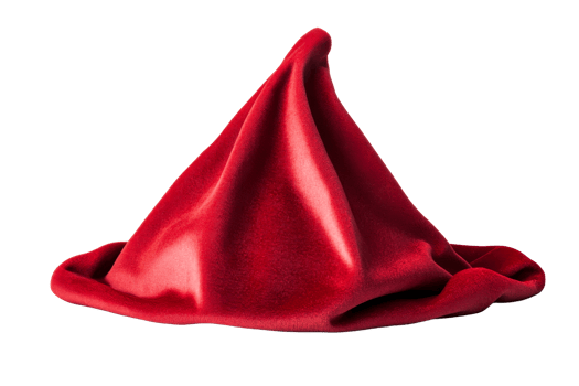 Red velvet cone hat, luxurious fabric texture, black background, cut out transparent png