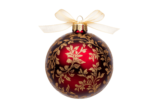 Red patterned bauble with gold ribbon, cut out transparent png