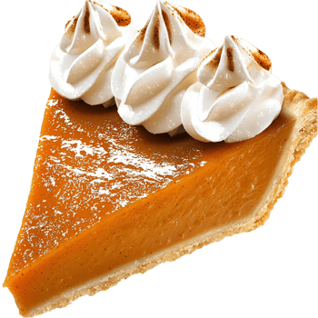 Classic pumpkin pie slice served a generous swirl of whipped cream png