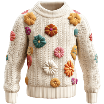 Cozy white sweater decorated colorful autumn leaves patterns png