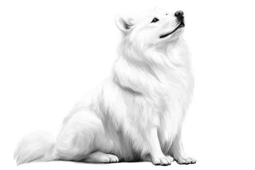 White Samoyed dog breed sits attentively looking up, cut out transparent png