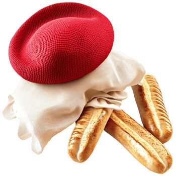 French baguettes a red beret placed on a white cloth png
