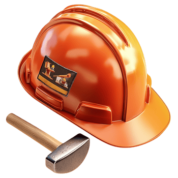 Sturdy orange construction helmet resting on a wooden shovel hle carefully png