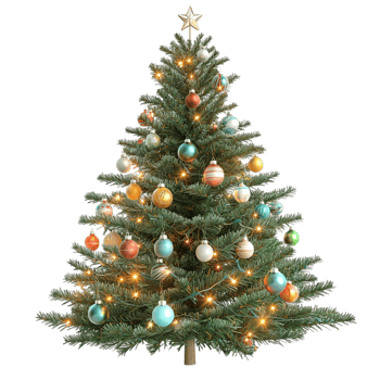 Beautifully decorated Christmas tree glowing fairy lights ornaments png
