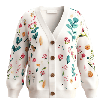 Cozy white cardigan decorated colorful floral embroidery buttons png