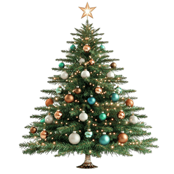 Beautifully decorated Christmas tree golden silver baubles hanging png