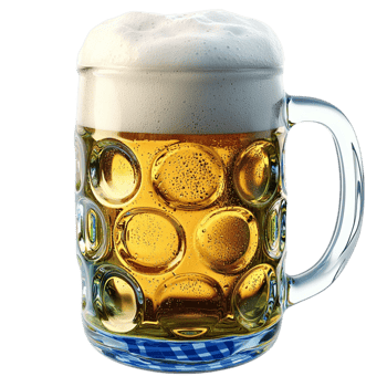 Frosty glass mug filled golden beer a thick foamy head sitting on a wooden table png