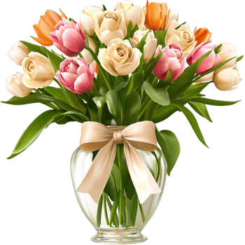 Elegant bouquet of fresh pink white tulips wrapped in a silky golden ribbon tied beautifully png