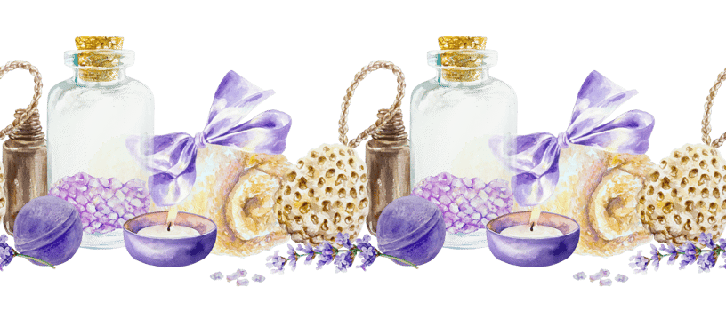 Lavender SPA seamless border. Bath salt, towel with satin bow, candle, bath bomb, flower sprig. Hand drawn watercolor illustration. For textile, covers, fabric, napkins, gift certificate. png