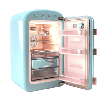 Vintagestyle blue refrigerator an open door revealing shelves filled delicious food png