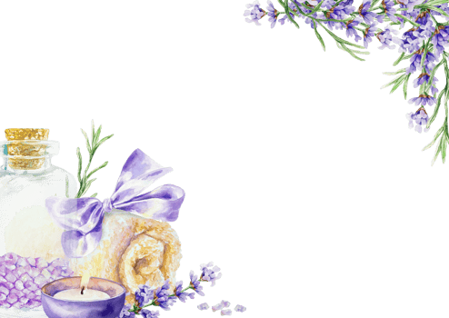 Lavender SPA frame. With flower sprigs, towel, candle and bath salt. Hand drawn watercolor illustration. For greeting cards, invitations, labels, posters. png
