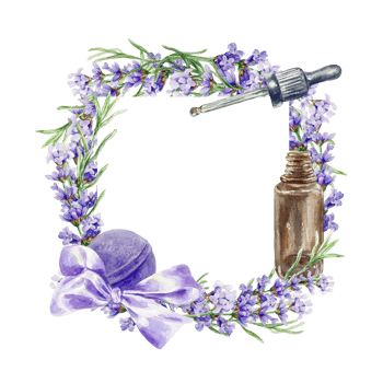 Lavender frame, square. Sprigs of purple flowers with a satin bow, a bottle of oil, a pipette. Watercolor illustration. Greeting cards, invitations to spa salons, labels, gift certificates. png
