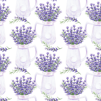 Lavender bouquet in white porcelain jug seamless pattern. Hand drawn watercolor illustration. For textile, covers, fabric, wrapping paper, wallpaper, towels, napkins. png