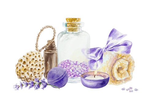 Lavender Relax. Bath salt, towel, candle, massage oil, loofah, flower sprig. Hand drawn watercolor illustration. For cards, invitations, certificates, labels. png