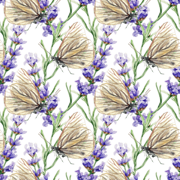 Lavender flower sprigs and butterflies, seamless pattern. Hand drawn watercolor illustration. For textile, covers, fabric, wrapping paper, wallpaper. png