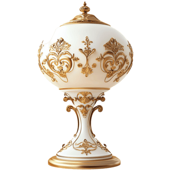 Elegant porcelain goblet gold detailing sting beautifully on a table reflecting light from a chelier png