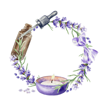 Lavender wreath, candle, aroma oil, essence. Round frame. Hand drawn watercolor illustration of Provence flowers. For cosmetic labels, postcards, spa certificates, invitations. png