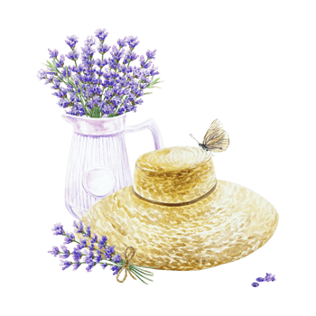Lavender bouquet in white jug, straw hat and butterfly. Hand drawn watercolor illustration of Provence flowers. For birthday greeting cards, wedding invitations, labels. png