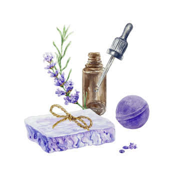 Lavender SPA with oil, soap, flower branch and bath bomb. Hand drawn watercolor illustration. For invitations, cosmetic product labels, gift certificates to salons. png