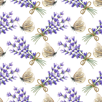 Lavender bouquet and butterfly seamless pattern. Hand drawn watercolor illustration of purple Provencal flowers. For wrapping paper, textile, covers, fabric, wallpaper. png