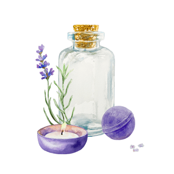 Lavender SPA, flower, bottle, candle, bath bomb. Watercolor illustration. Cards, gift certificates and invitations to salons, labels for cosmetic products, posters, banners. png