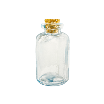 Glass bottle with cork, empty. Hand drawn watercolor illustration. For cosmetic collections, cards, labels, posters and SPA salon price list design. png