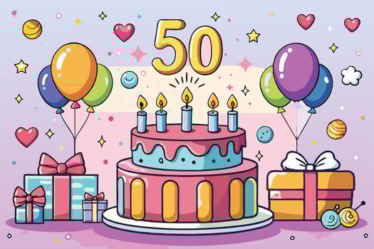 Festive birthday party setup with a colorful two tier cake, glowing candles, 50 in big bold numbers, surrounded by balloons, gifts, and decorations vector