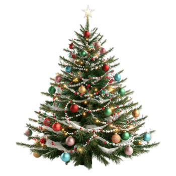 Beautifully decorated Christmas tree sting tall twinkling ornaments lights a golden star on top png