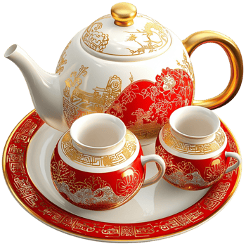 Traditional Chinese tea set red gold patterns looking elegant luxurious perfect for tea lovers png