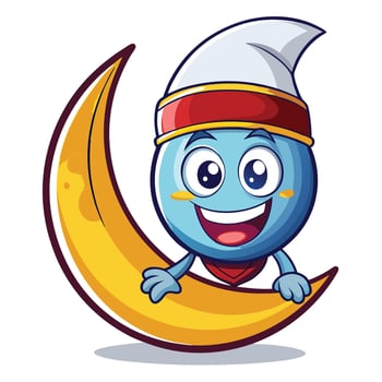 Cartoon moon character resting on a crescent moon vector