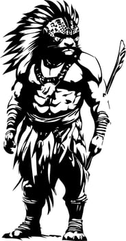 Muscular Tribal Warrior with Feathered Hair and Spear Character Design for Tattoos and Illustrations vector