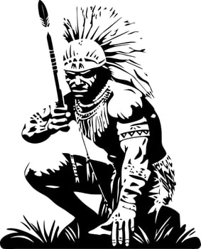 Native American Warrior with Spear Kneeling in Grass for Cultural and Historical Design vector