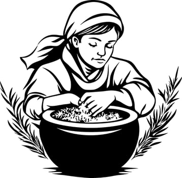Young Girl Preparing Food with Bowl and Herbs Illustrated Art for Culinary Themes vector