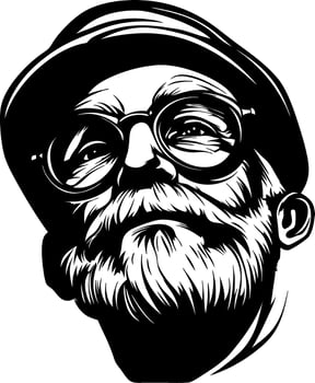 Detailed Black and White Illustration of an Older Man with Glasses and Beard vector