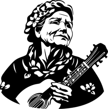 Elderly Woman Playing String Instrument Worn Traditional Clothing Floral Design vector