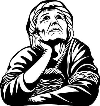 Thoughtful Elderly Woman Portrait in Traditional Clothing Ideal for Coloring Books and Tattoo Designs vector