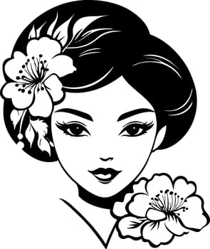 Elegant Asian Woman with Floral Hair Accessories for Tattoo Design and Coloring Books vector