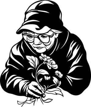 Elderly Woman Gardening with Flowers Detailed Illustration for Art Projects vector