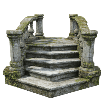 Old stone staircase with balustrade and moss growth on the surface png