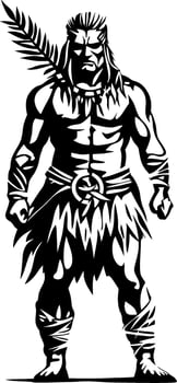 Warrior Character Illustration with Feathered Headpiece and Tribal Attire for Design Applications vector