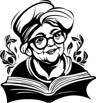 Charming Old Woman Reading Book Vintage Illustration Perfect for Tattoo and Coloring Pages vector