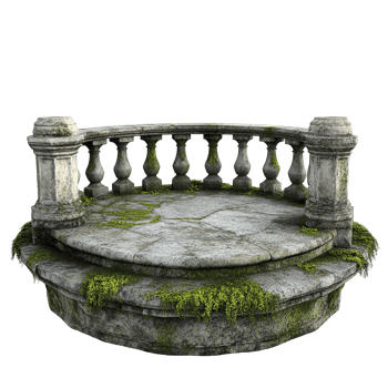 A weathered stone balcony structure with decorative balustrade and plants png