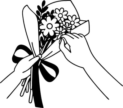 Hands Holding Beautiful Flower Bouquet with Ribbon for Floral Gift Giving and Decoration vector