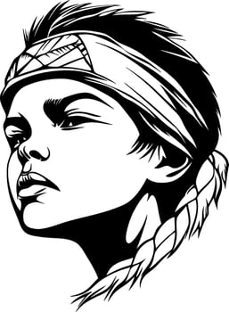 Bold Portrait of a Strong Female Warrior with Headband and Braids for Tattoo and Coloring Designs vector
